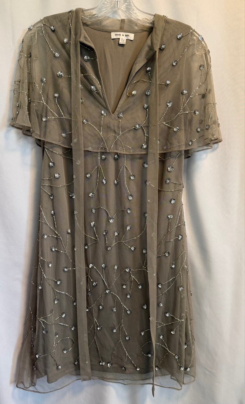 Frock and Frill Gray Sparkle Beaded V-Neck Overlay Dress